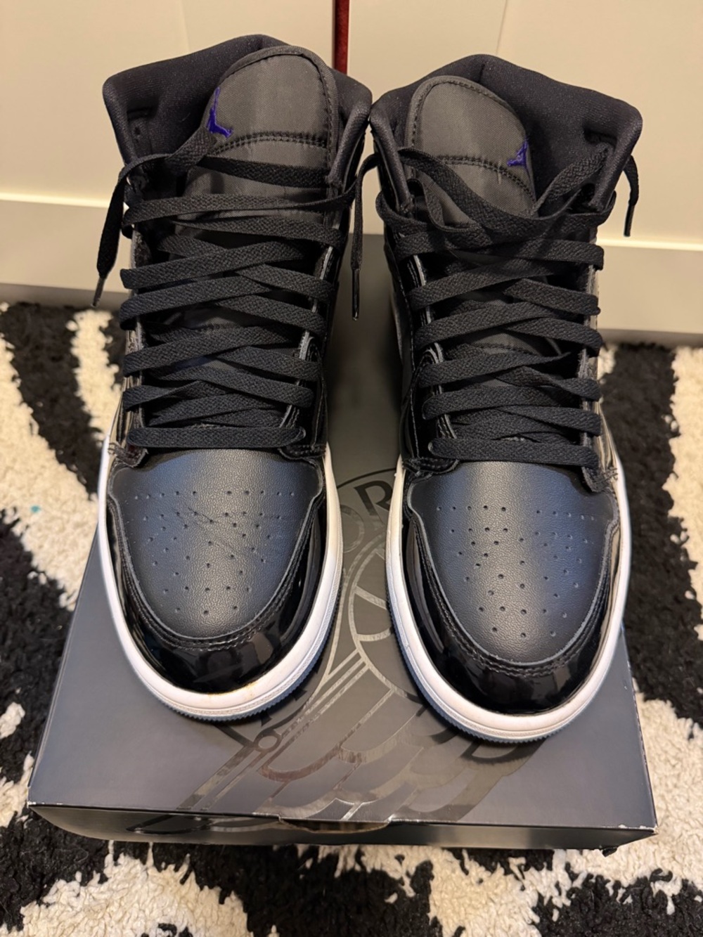Jordan Men's High-Top Sneakers in Black with White Midsole and Purple Logo